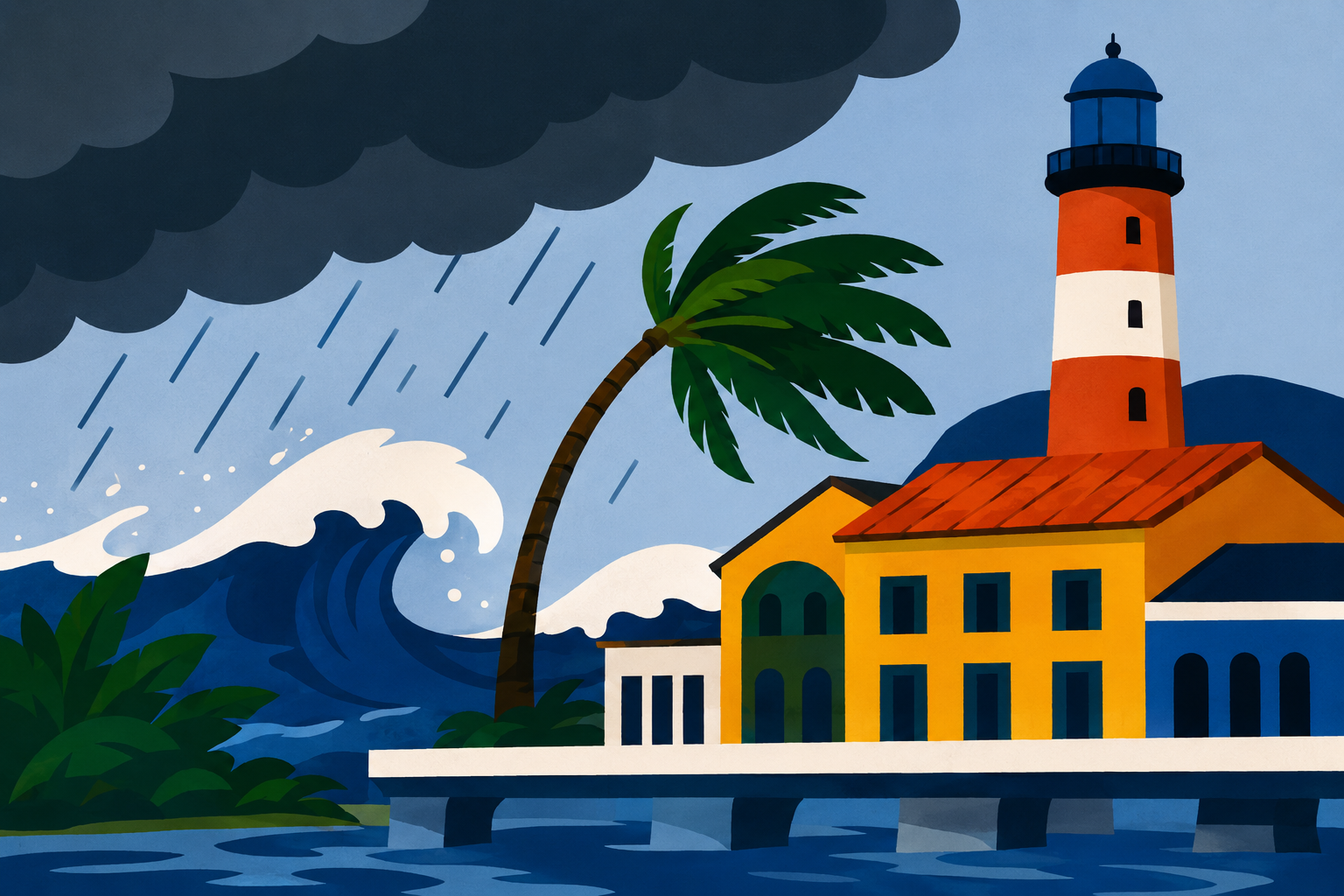 Ilustração representando Infraestrutura Climática: farol e orla urbana em meio a tempestade e ressaca